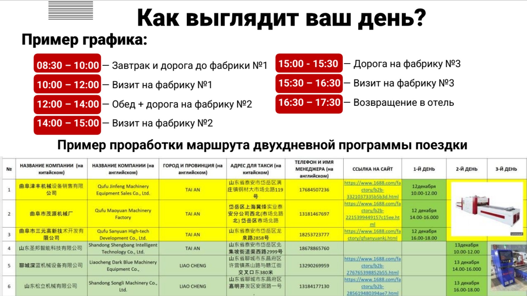 Пример графика дня и таблицы проработки маршрута двухдневной программы поездки